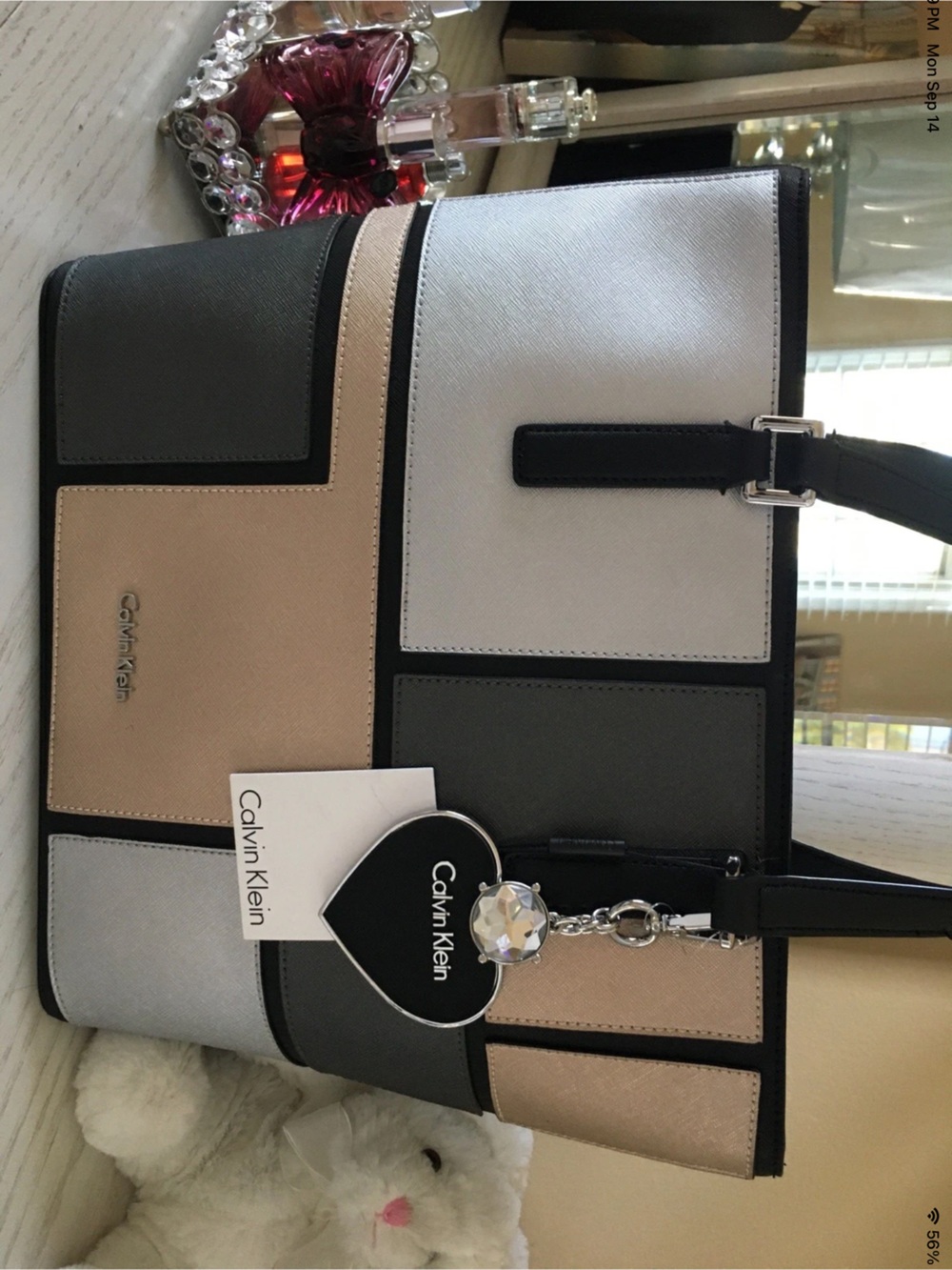 Calvin Klein Colorblock Tote in Black, Beige & Silver